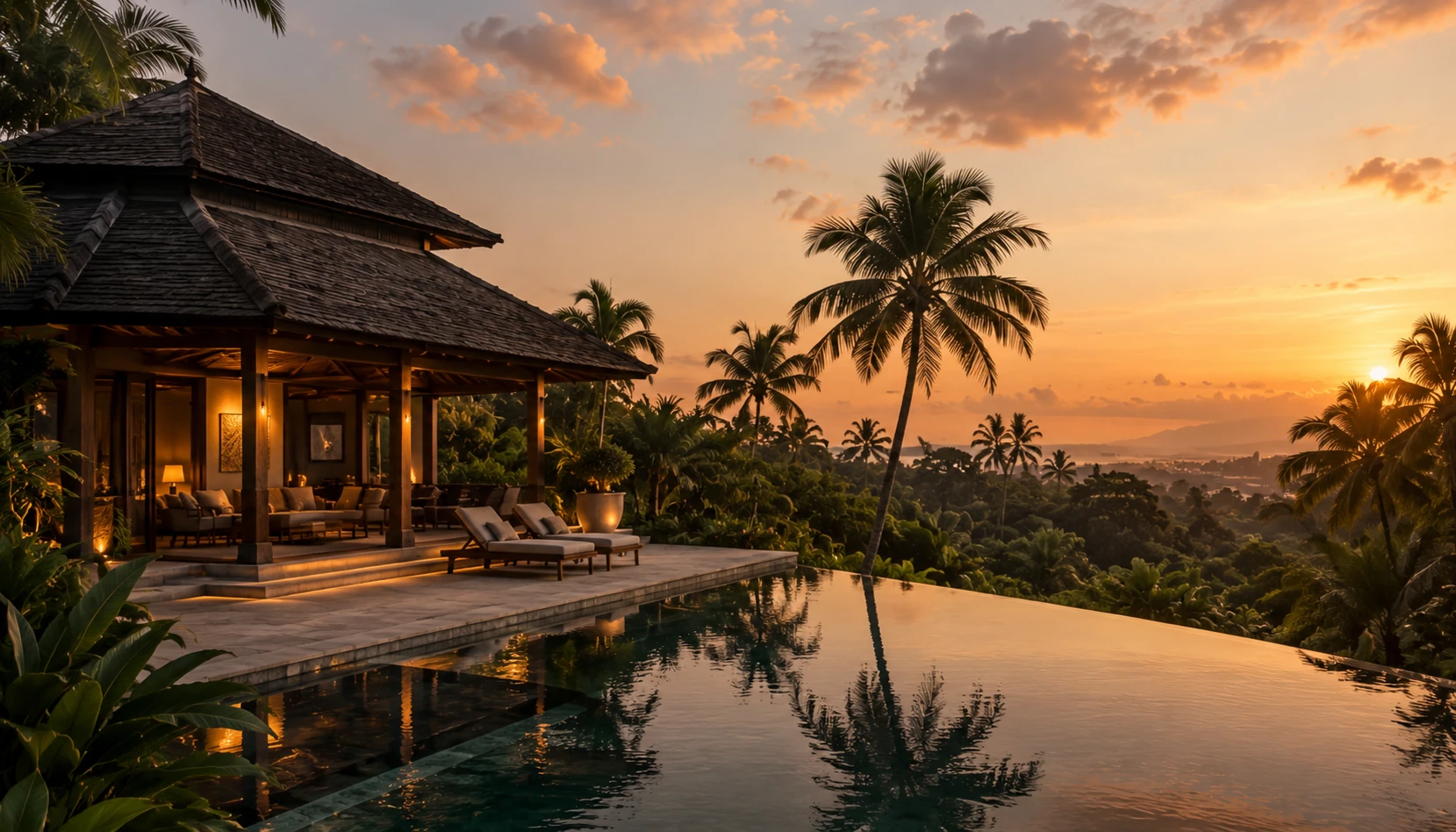 Bali villa and tropical sunset